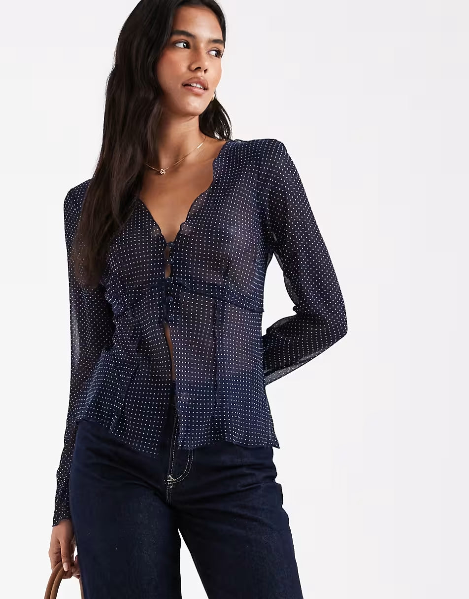 Blouse Loose Navy Long Sleeve